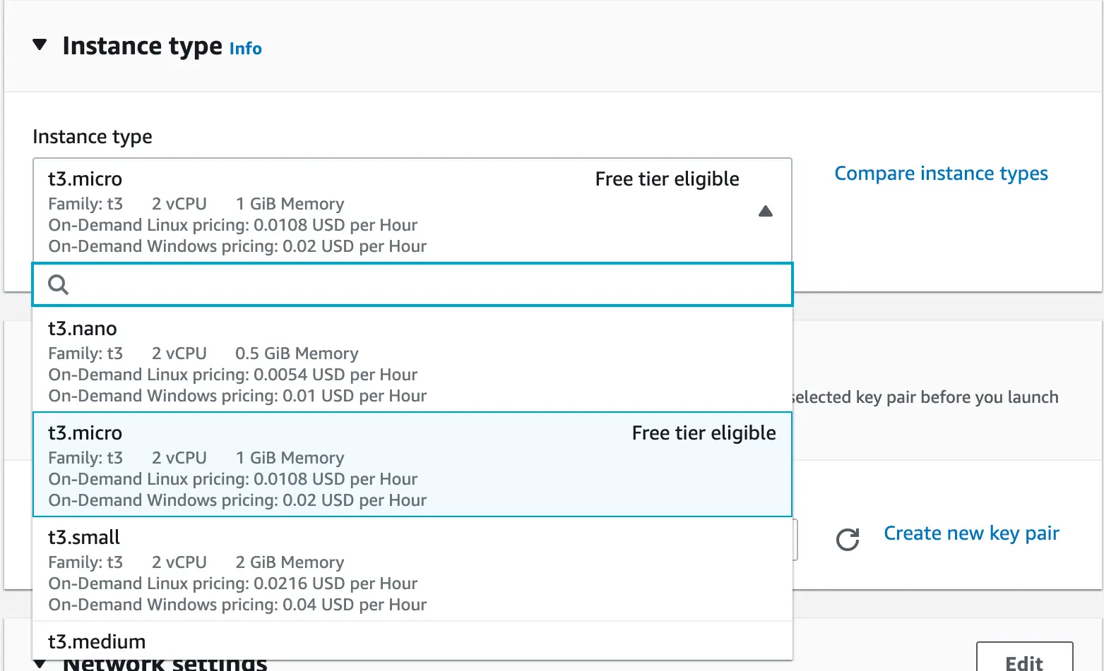 AWS &quot;Instance type&quot; dialog