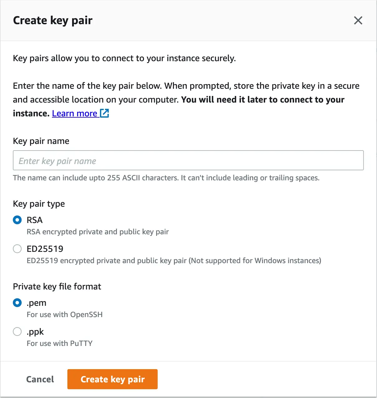 AWS &quot;Create keypair&quot; dialog