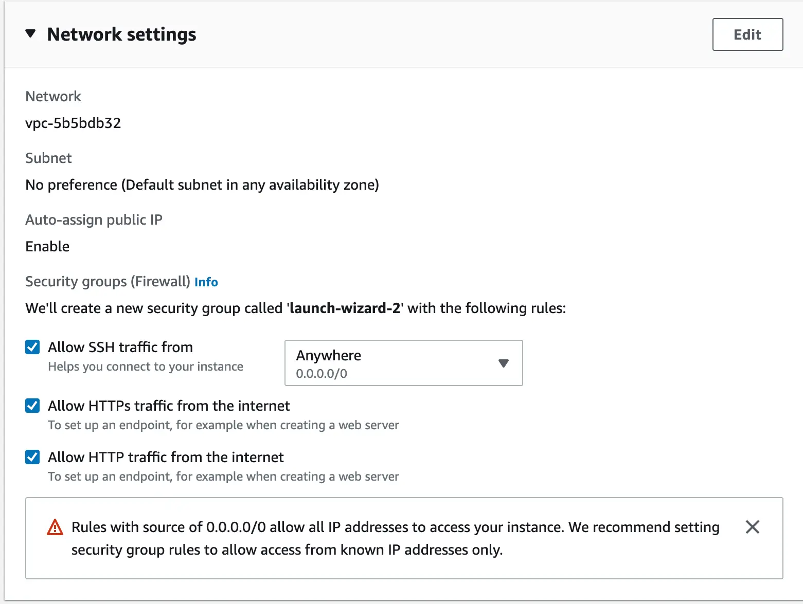 AWS &quot;Network settings&quot; dialog