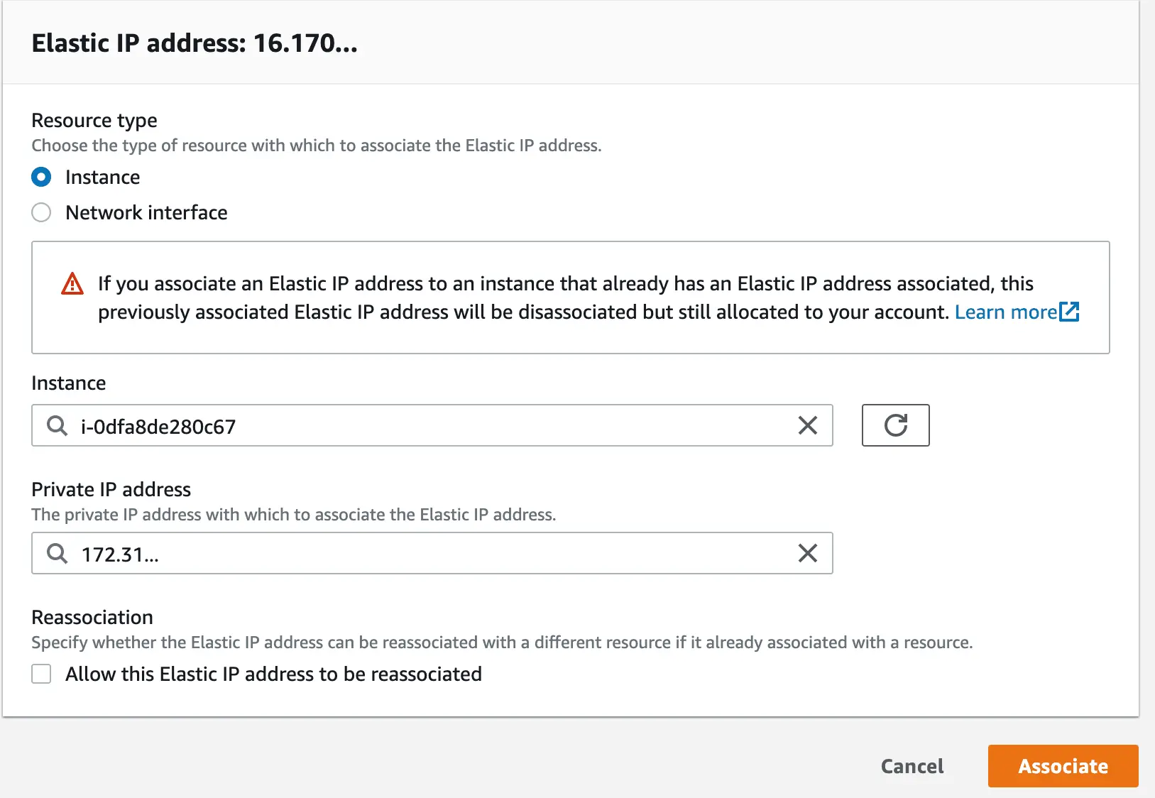 AWS &quot;Elastic IP address&quot; dialog